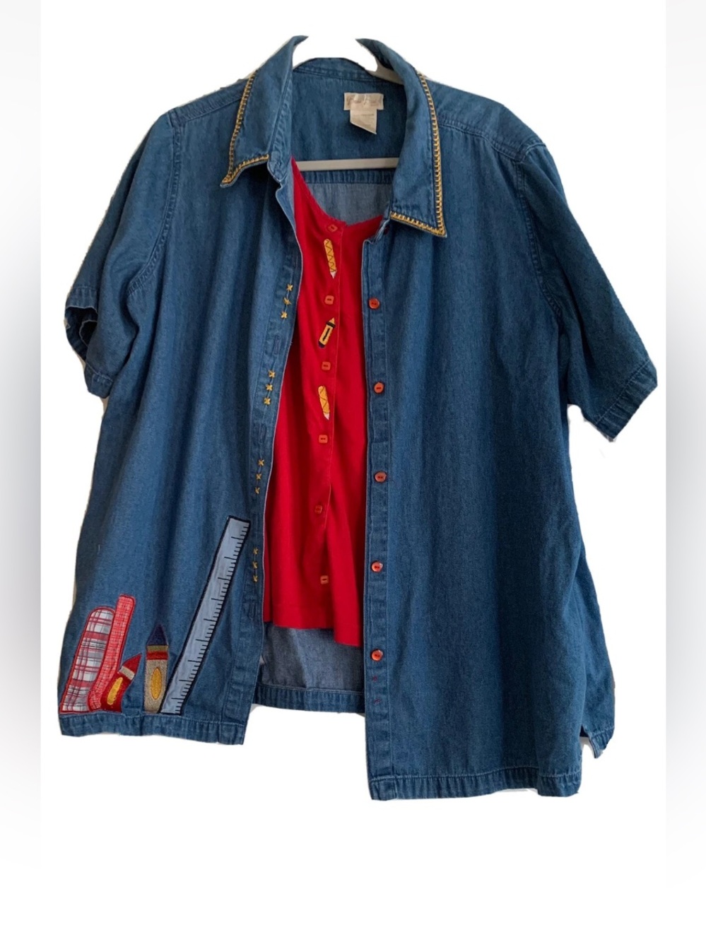 Vintage Bobbie Brooks Denim Top 18W/20W Books Rulers Crayons Apple Buttons 80s